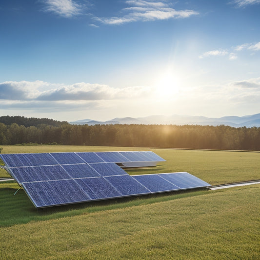 A serene landscape with several sleek, modern solar panels installed on rooftops and in open fields, surrounded by lush greenery and a bright blue sky with a few wispy clouds.