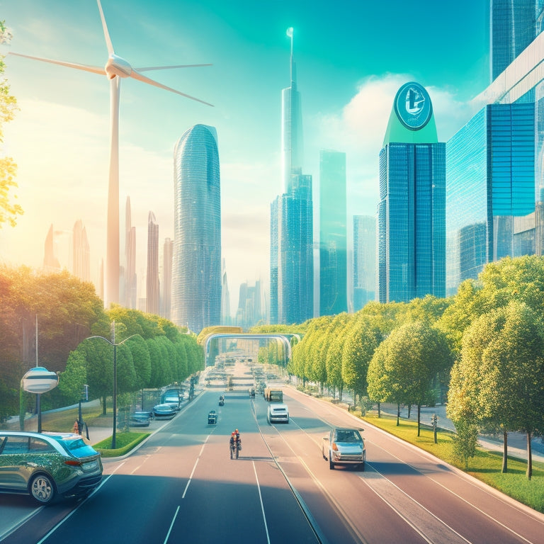 An illustration of a futuristic cityscape with greenery, featuring electric and self-driving vehicles, pedestrians, and cyclists harmoniously sharing roads, surrounded by sleek skyscrapers and wind turbines.