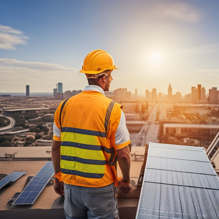 A photograph of a person in a yellow hard hat and orange vest, standing on a roof, holding a tablet and looking at a solar panel installation, with a cityscape in the background.