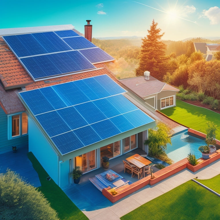 An illustration of a residential rooftop with varying solar panel sizes, angles, and installations, surrounded by icons of a house, money, sun, and a clock, with subtle grid lines and a soft, blue-grey background.