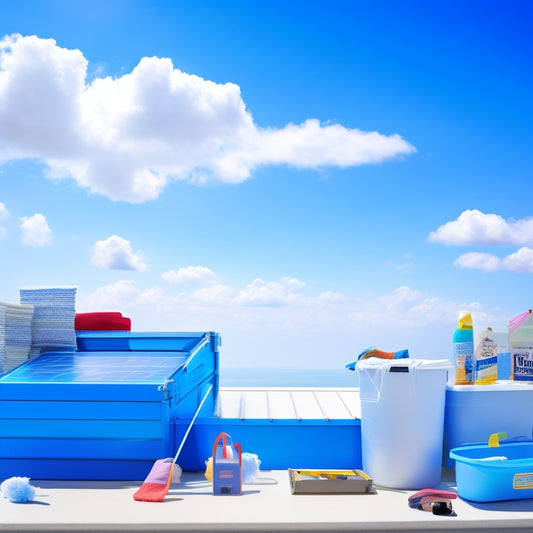 A bright blue sky with a few puffy white clouds, a residential rooftop with a solar panel array, a ladder leaning against the roof, and a toolbox with open lid, surrounded by scattered cleaning supplies.