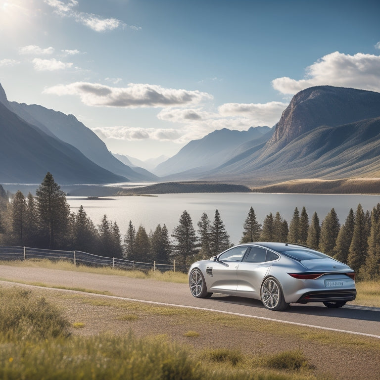 A serene landscape featuring a sleek, silver electric vehicle parked in front of a scenic mountain range, with a few trees and a winding road in the background, under a bright blue sky.