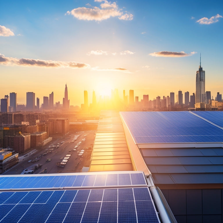 A rooftop with a mix of solar panels and skylights, surrounded by a bustling cityscape with a bright blue sky and fluffy white clouds, with a subtle sun glow effect.