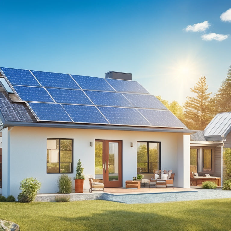 An illustration of a modern home's exterior with a large, partially installed solar panel array on the roof, surrounded by scattered tools and a ladder, set against a bright blue sky.