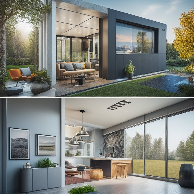 Generate an image depicting a modern home's interior with a sleek, wall-mounted battery system, surrounded by sleek solar panels, electrical meters, and a futuristic smart home hub.