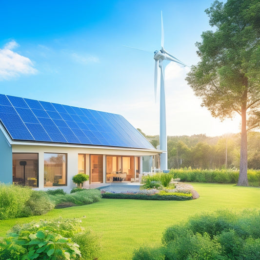 A serene, modern eco-home with solar panels on the roof, a vertical garden on the exterior wall, and a wind turbine in the background, surrounded by lush greenery and a bright blue sky.