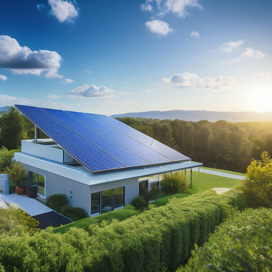 A serene landscape featuring a modern, sleek solar panel installation on a residential rooftop, surrounded by lush greenery, with a bright blue sky and fluffy white clouds in the background.