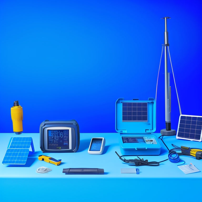 A bright blue background with a large, sleek solar panel at its center, surrounded by various portable inspection kit tools, such as multimeters, thermocouples, and infrared cameras, scattered around it.