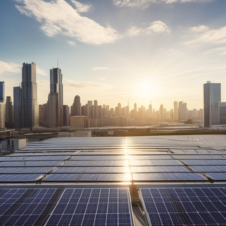 A sprawling industrial rooftop with rows of sleek, silver solar panels, surrounded by city skyscrapers, with a subtle blue sky and wispy white clouds in the background.