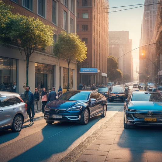 A congested city street with a sea of sleek, modern electric vehicles, each with a plugged-in charging cord, occupying every available parking spot, spilling onto sidewalks and bike lanes.