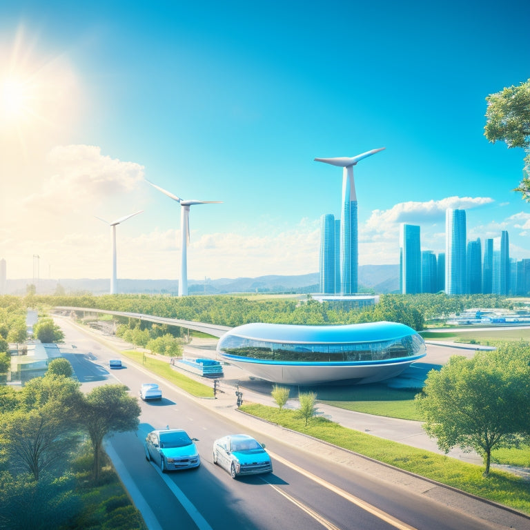 A futuristic cityscape with sleek, electric self-driving cars zipping by, surrounded by lush greenery, solar panels, and wind turbines, under a bright blue sky with a few white, puffy clouds.