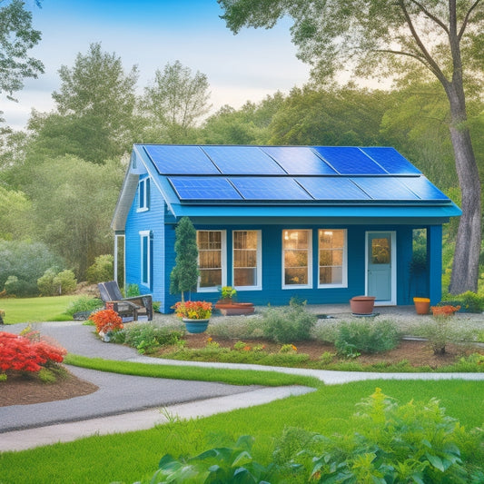 A serene, eco-friendly home with solar panels on the roof, a recycling bin on the porch, and a lush green garden in the foreground, surrounded by a subtle, gradient blue background.