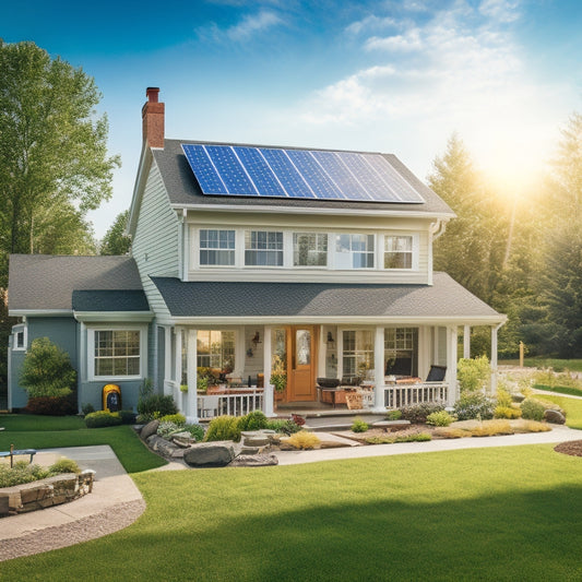 A sunny suburban home with a mix of solar panels and traditional roofing, surrounded by tools and construction equipment, with a measuring tape and blueprint on a nearby lawn chair.