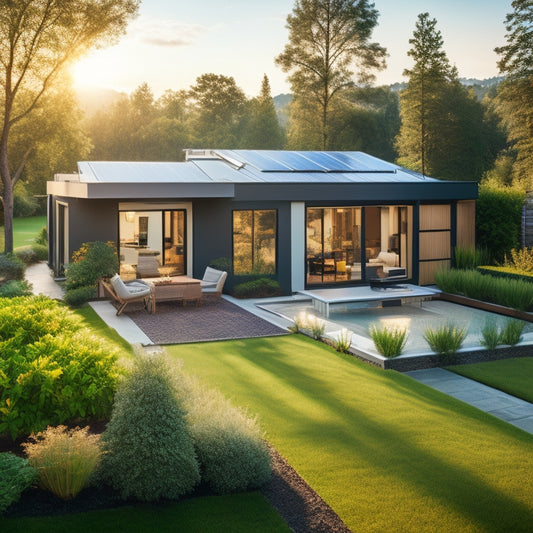 A serene backyard with a modern home, featuring a sleek solar panel array on the rooftop, connected to a sleek battery storage system, surrounded by lush greenery and a few outdoor furniture.