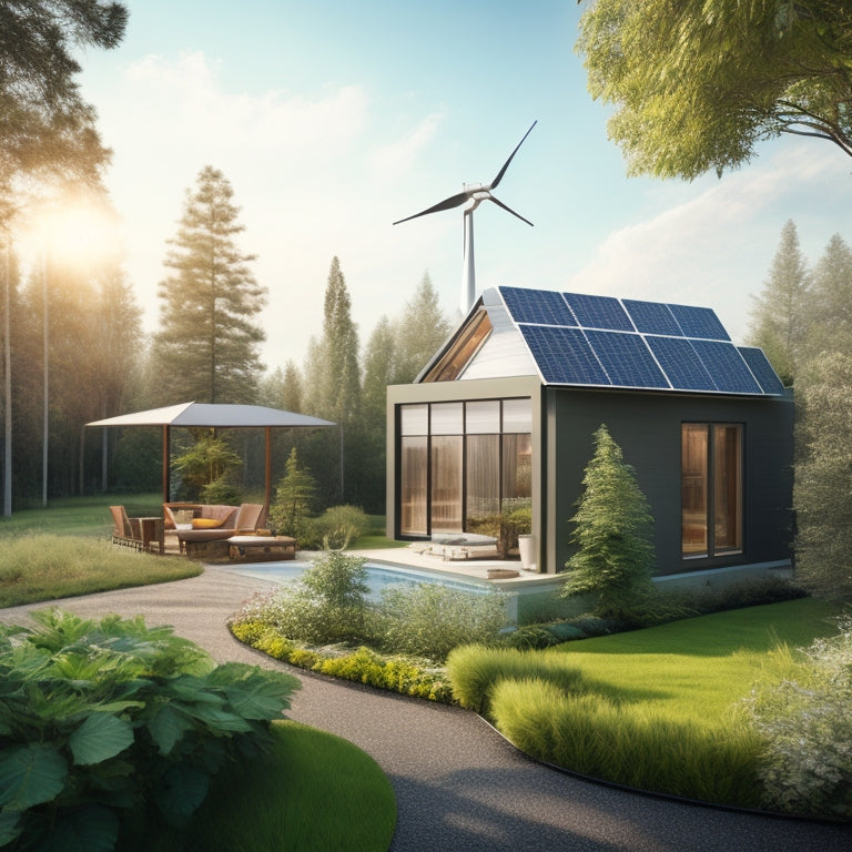 An illustration of a modern, sustainable home surrounded by lush greenery, with solar panels on the roof and a wind turbine in the background, conveying eco-friendliness and innovation.