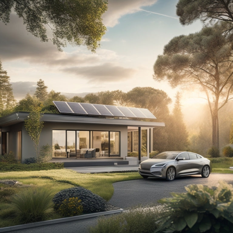 A serene landscape with a sleek, silver electric vehicle parked in front of a modern, eco-friendly home with a rooftop covered in shiny, black solar panels, surrounded by lush greenery.