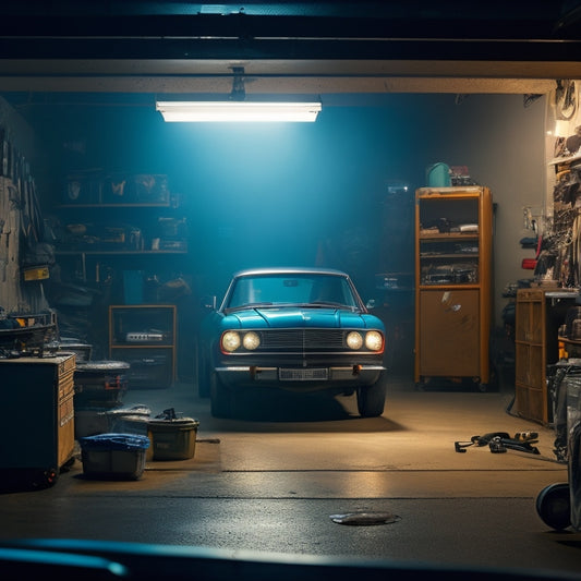 A dimly lit garage with a single car in the center, its hood up, and a car battery maintainer plugged in, surrounded by scattered tools and a subtle glow of LED lights in the background.