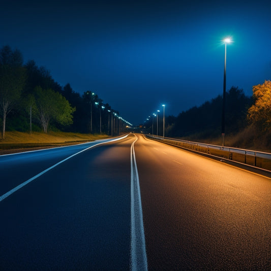 A nighttime road scene with a dark asphalt highway stretching into the distance, featuring a series of cat eyes (raised pavement markers) on the left and road studs (raised reflective markers) on the right.