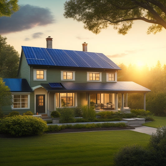 A serene suburban home with solar panels on the roof, surrounded by lush greenery, with a subtle cityscape in the background, and a faint sun shining down, casting a warm glow.