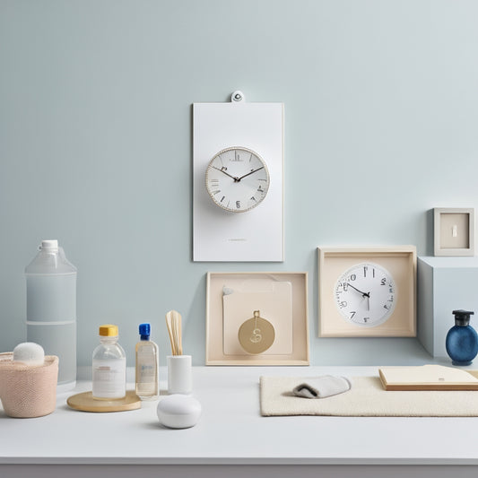 A minimalist illustration of a tidy home with a calendar in the center, surrounded by cleaning tools and supplies, with clocks and timers in the background, all in a calming color palette.