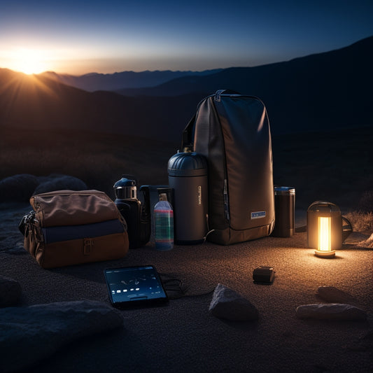 A dramatic, darkened landscape with a flashlight beam shining on a backpack, surrounded by scattered emergency supplies, with a solar power bank prominently displayed, charging a smartphone.