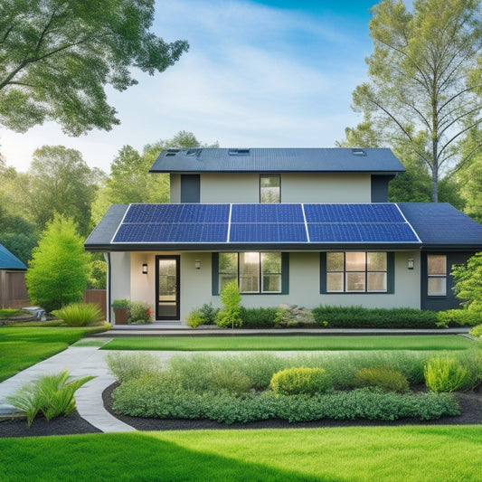 A serene suburban home with a sloping roof, adorned with a sleek solar panel array, accompanied by a compact, modern battery storage unit in the adjacent yard, surrounded by lush greenery.