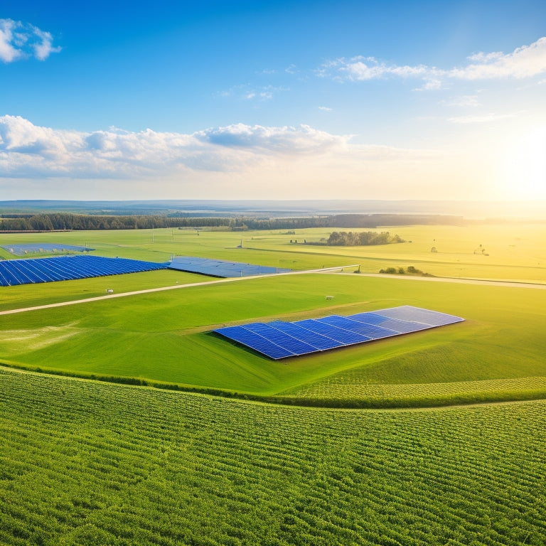 A serene landscape with a vast solar panel farm in the foreground, surrounded by lush greenery and a few wind turbines in the distance, under a bright blue sky with a few white, puffy clouds.