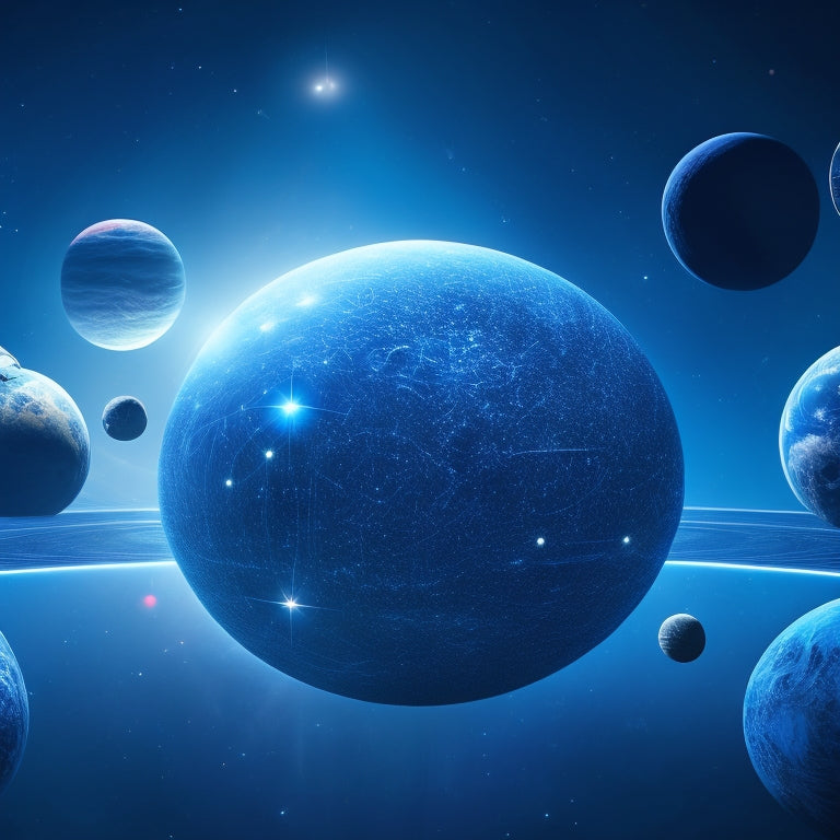 A futuristic, dark-blue background with a stylized, glowing 3D model of the solar system, surrounded by orbiting satellites and swirling data streams, with a subtle grid pattern overlay.