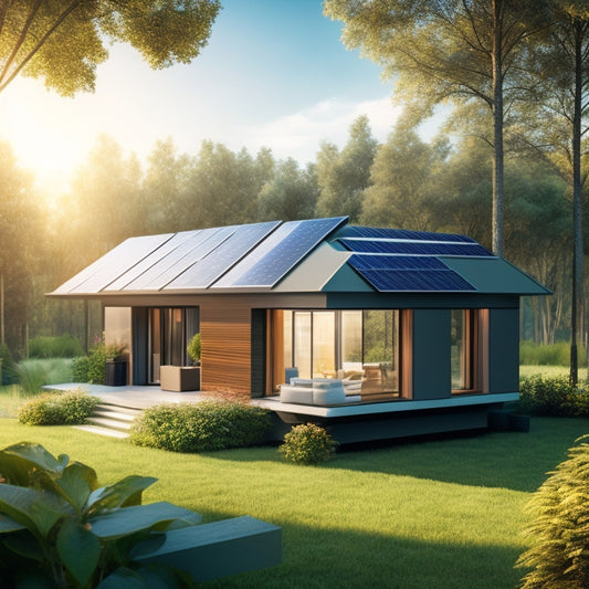 A futuristic illustration of a sleek, modern home with solar panels on the roof, connected to a compact, metallic energy storage unit in the backyard, surrounded by lush greenery.