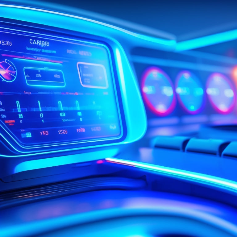 A futuristic dashboard with sleek, curved lines and neon blue accents, featuring various gauges, meters, and graphs displaying performance metrics, surrounded by holographic screens and wires.