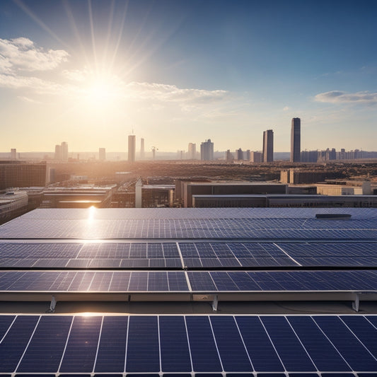 A photorealistic image of a large industrial rooftop covered in rows of sleek, silver solar panels, with a cityscape or industrial buildings in the background, under a bright blue sky.