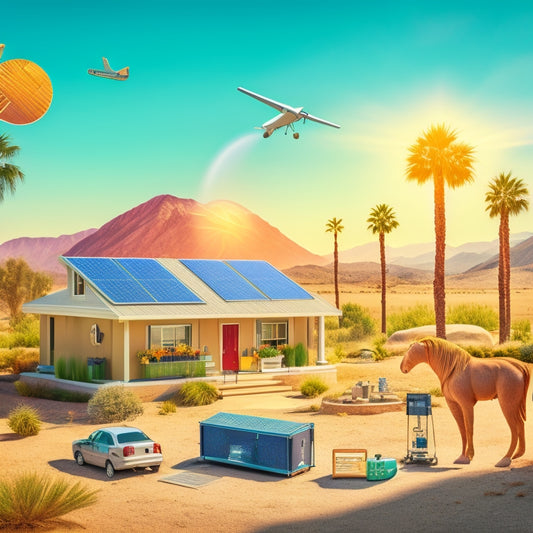 An illustration of a California landscape with a solar panel installation in the foreground, surrounded by icons representing various factors such as money bags, sunbeams, and a thermometer.