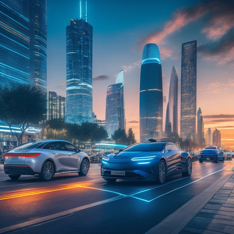 A futuristic cityscape at dusk with sleek, electric vehicles parked along streets lined with charging stations, greenery, and modern, curved skyscrapers, illuminated by soft, blue LED lights.