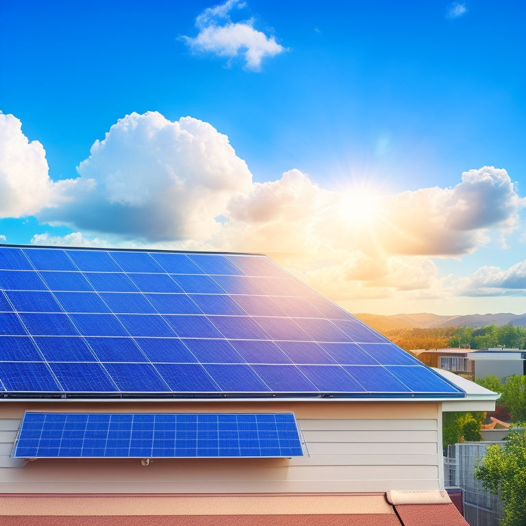 An illustration of a residential rooftop with solar panels installed, surrounded by a subtle grid of dollar signs and percentage symbols, against a bright blue sky with fluffy white clouds.