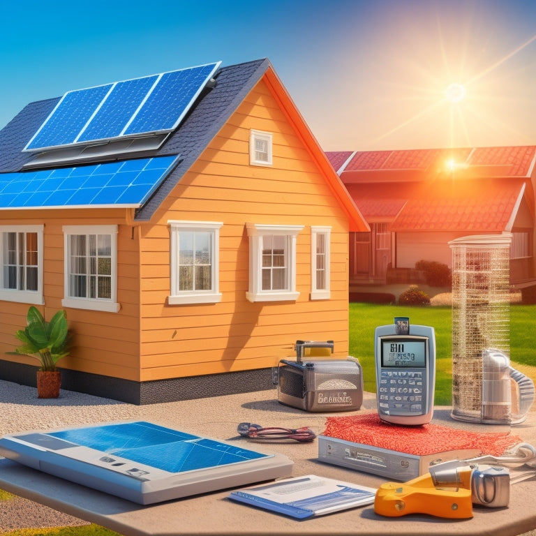 An illustration of a small house with a solar panel roof, surrounded by icons representing different cost factors: a money bag, a calculator, a sun, a battery, and a technician in the background.