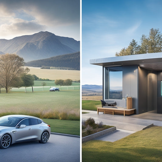 A split-screen image featuring a sleek, modern home with a compact, wall-mounted EV charging station on one side, and a sprawling, high-tech charging station with advanced features on the other, set against a contrasting urban and rural background.