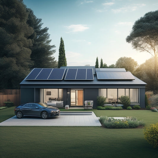 A serene suburban house with a moderately pitched roof, partially covered in sleek black solar panels, with a ladder leaning against the side and a toolbox open on the lawn.