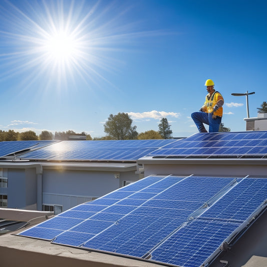 A serene residential rooftop with a partially installed solar panel array, surrounded by toolbox, ladder, and technician in a yellow hard hat, amidst a clear blue sky with fluffy white clouds.