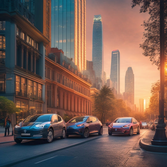 A serene cityscape at dusk, with sleek, modern electric cars (e.g. Nissan Leaf, Tesla Model 3, Hyundai Kona) parked along a bustling street, surrounded by towering skyscrapers and lush greenery.