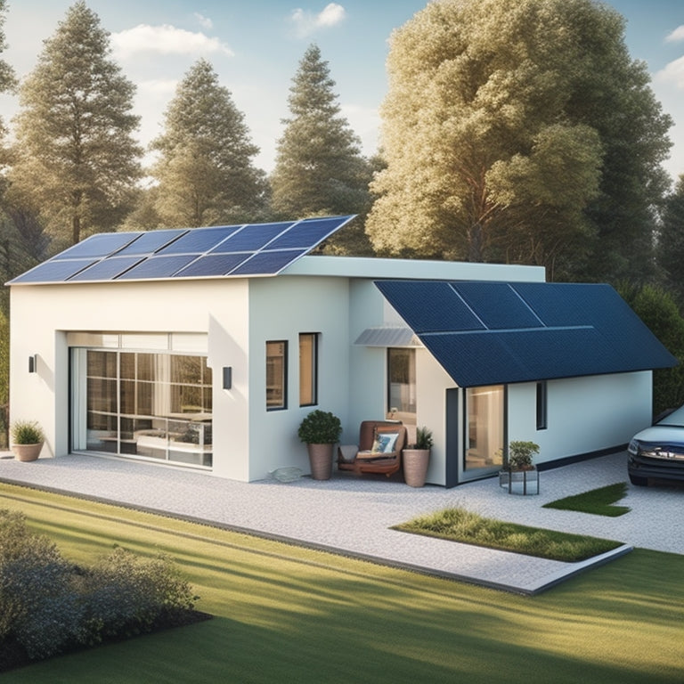 A modern home with solar panels on the roof, a sleek battery storage unit in the garage, and a green lawn with a few trees, surrounded by a subtle grid of electrical connections.