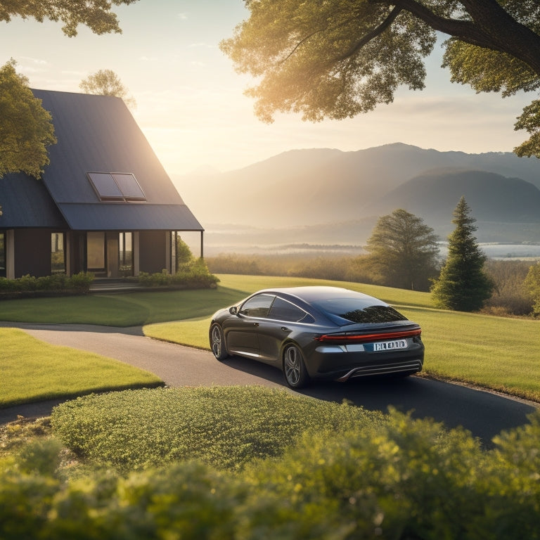 A serene, sunny landscape with a parked car, its roof and hood adorned with sleek, black solar panels, surrounded by lush greenery and a subtle, winding road in the background.