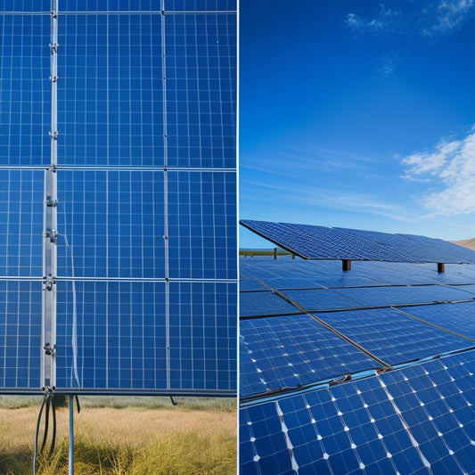 A split-screen image: a darkened solar panel with tangled wires and rusty frames on one side, and a sleek, clean, and modern panel with organized cables and a bright blue sky on the other.