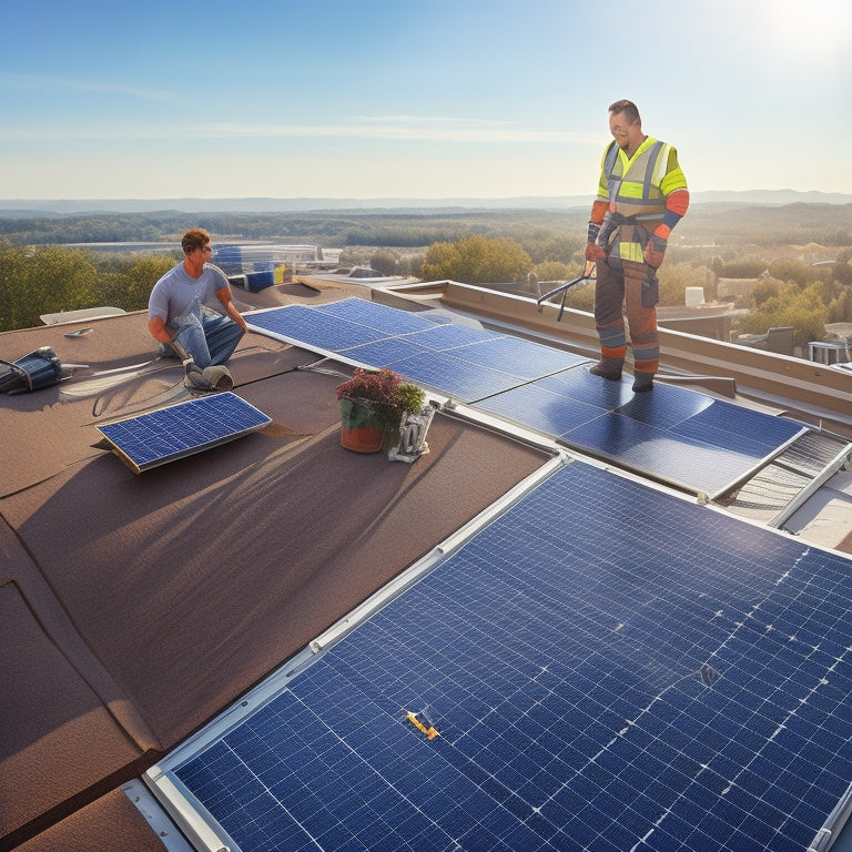 A rooftop with a partially installed solar panel system, showcasing a worker in a harness measuring and marking roof tiles, with tools and PV panels scattered around.