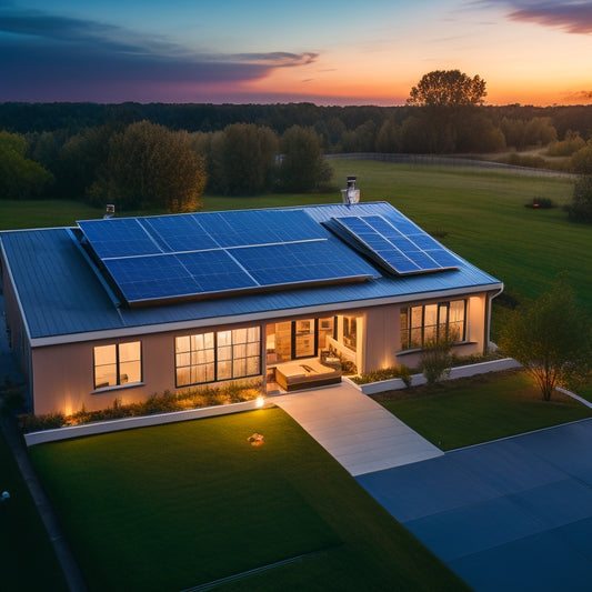 Aerial view of a modern home with solar panels installed on the roof, a battery storage unit in the backyard, and a subtle glow of electricity flowing through the wires at dusk.