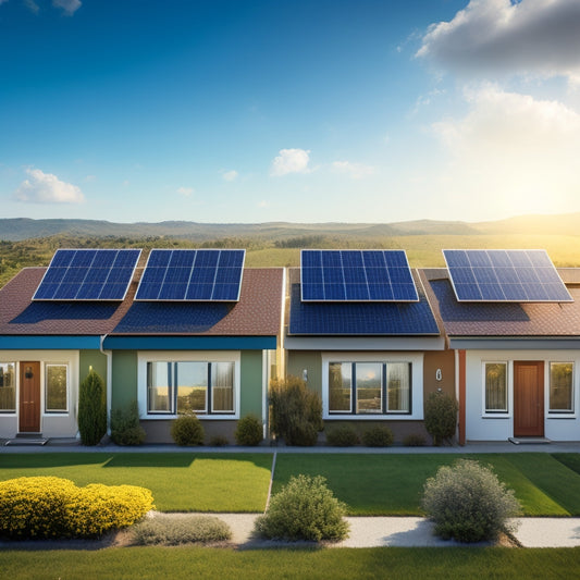 An illustration of 5 identical houses, each with a unique set of solar panels on the roof, with varying numbers and arrangements, set against a bright blue sky with a few puffy white clouds.