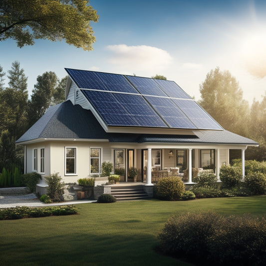 A serene suburban home with solar panels on the roof, surrounded by lush greenery, with a meter in the foreground displaying a decreasing utility bill, and a faint dollar sign in the sky.