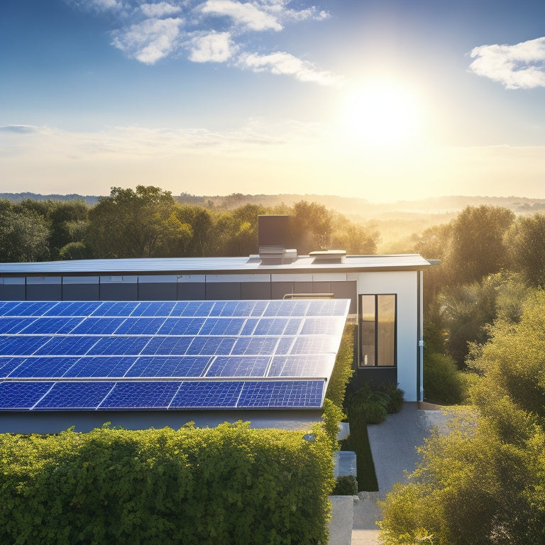 A modern residential rooftop with a sleek solar panel array, accompanied by a compact, sleek battery storage unit with a subtle LED glow, surrounded by lush greenery and a sunny blue sky.