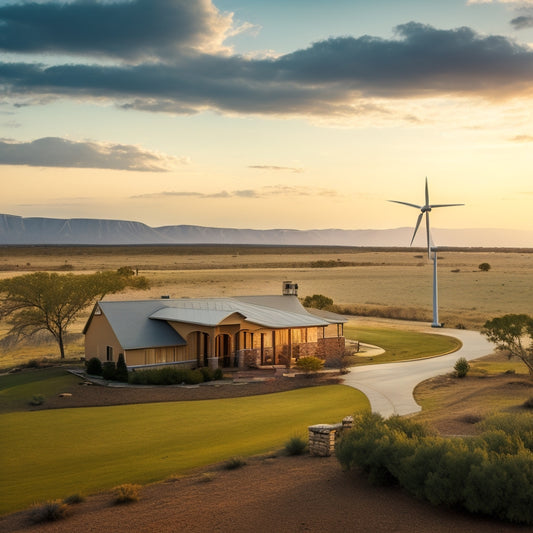 A serene Texas landscape with a ranch-style home, surrounded by vast open spaces and a few wind turbines in the distance, featuring a prominent solar panel installation on the roof.