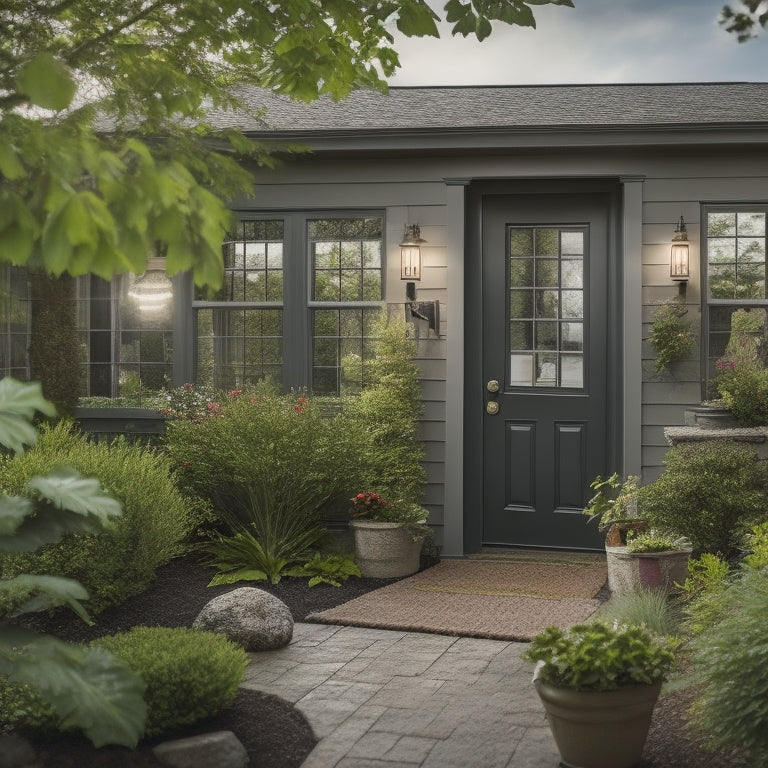 A serene suburban home with a calm atmosphere, surrounded by lush greenery, with a subtle checkmark symbol etched into a windowpane, and a faint toolbox or wrench in the corner, conveying a sense of preparedness.