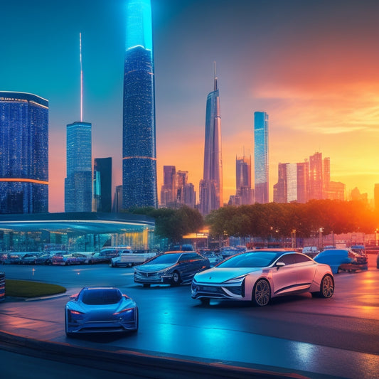 A futuristic cityscape at dusk with sleek, modern EV charging stations and battery swap facilities amidst towering skyscrapers, with electric vehicles and autonomous robots in motion.